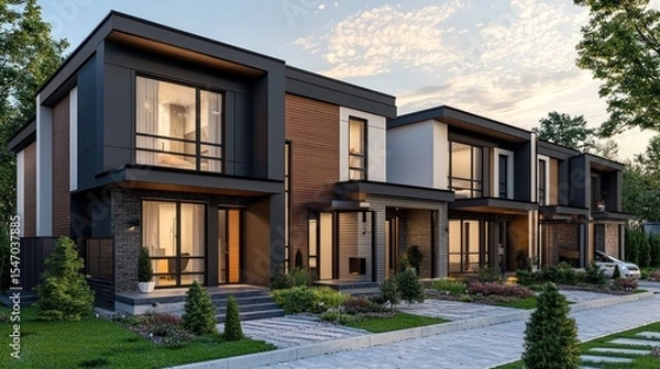 Fototapeta A modern, minimalist house with a black and white facade, featuring large windows and a sleek design.
