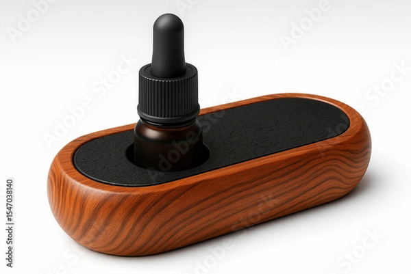 Fototapeta High-quality dropper bottle with black cap in a smooth wooden base on beige background, ideal for skincare product design, branding, packaging, and natural wellness themes, unique design Pro.