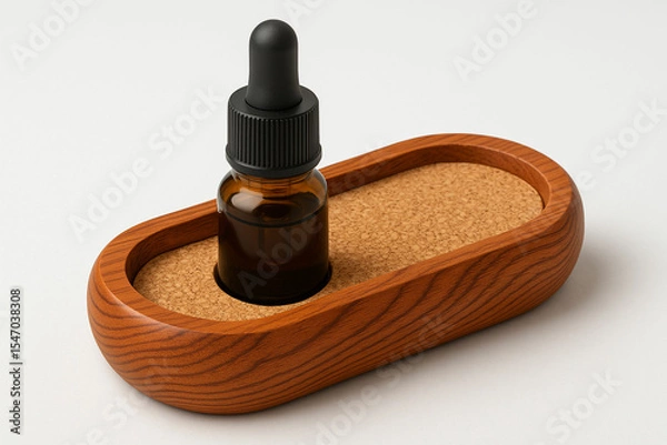 Fototapeta High-quality dropper bottle with black cap in a smooth wooden base on beige background, ideal for skincare product design, branding, packaging, and natural wellness themes, unique design Pro.