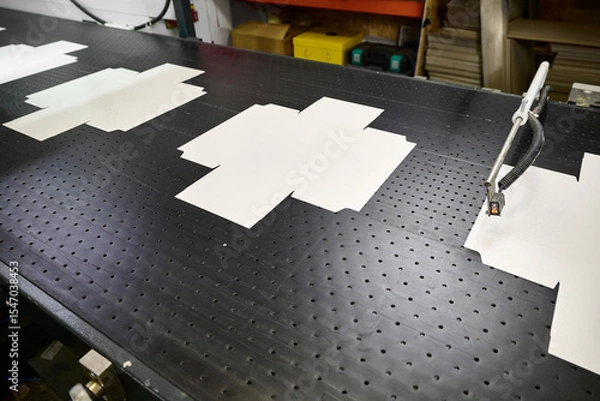 Fototapeta Cardboard wrap cutouts moving along conveyor in packaging factory during the gluing process for box assembly