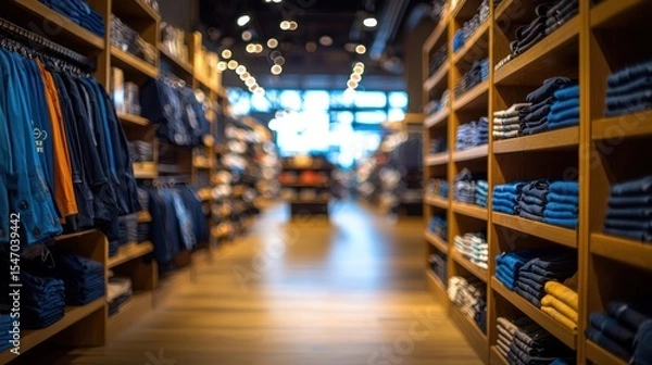 Fototapeta A spacious clothing store with shelves filled with various clothing items, including jeans and shirts, arranged in a well-lit, open-concept layout.