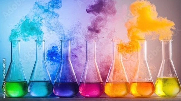 Fototapeta A colorful array of beakers with vibrant colors and steam rising from them, set against a gradient background.
