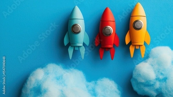 Fototapeta Three colorful toy rockets on a blue background with clouds