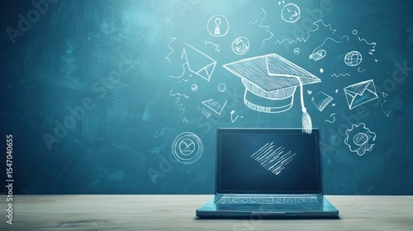 Fototapeta A laptop with a graduation cap on it, placed on a wooden table against a blue chalkboard background.
