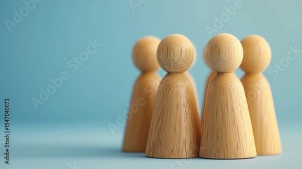 Fototapeta Four wooden figures standing in a row on a blue background