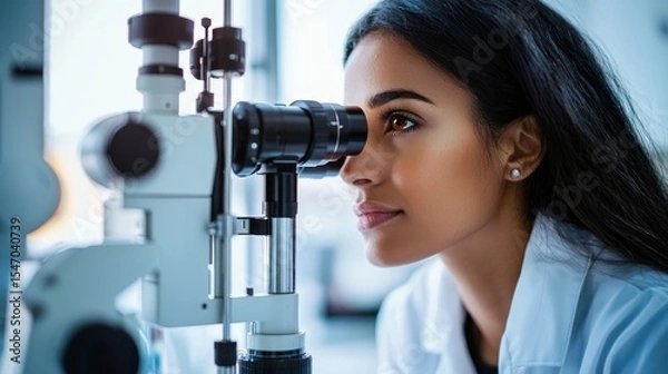 Fototapeta A young woman in a lab coat looking through a microscope in a laboratory setting.