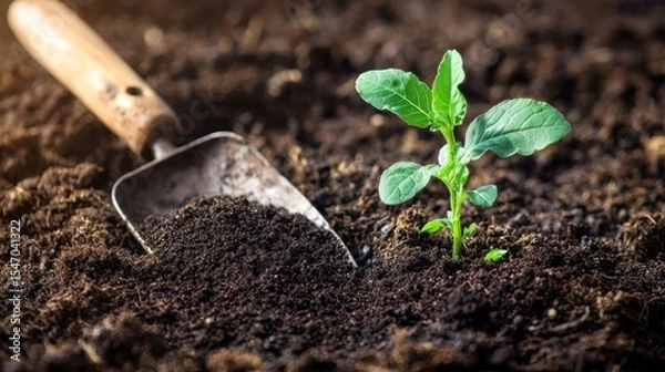 Fototapeta A small green plant with a wooden handle, growing in a dark soil with a shovel in the foreground.