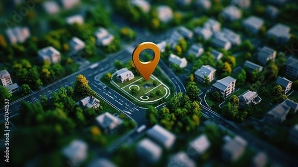 Fototapeta A vibrant, colorful cityscape with a large orange map pin in the center, surrounded by green trees and buildings, set against a dark blue sky with a few scattered clouds.