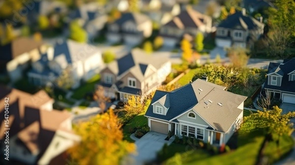 Fototapeta A serene suburban neighborhood with houses, trees, and a street in the foreground, with a blurred background of more houses and trees.