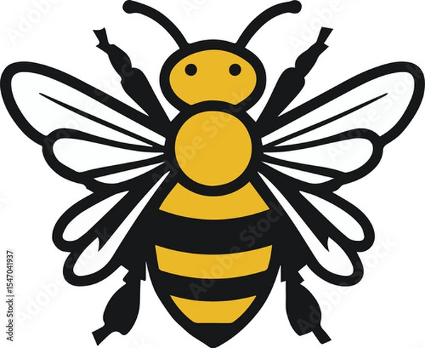 Obraz A cute, happy cartoon bee with black and yellow stripes, wings, and a smile flies on a white background, a sweet insect vector illustration