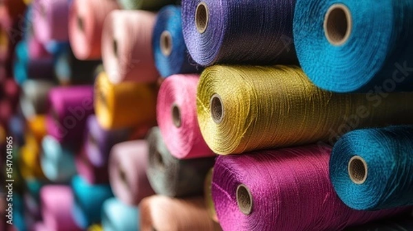 Fototapeta A colorful array of spools of thread, each spool with a different color, stacked on top of each other in a vertical arrangement.