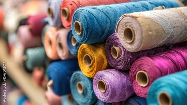 Fototapeta A colorful array of fabric spools stacked on a shelf in a fabric store.