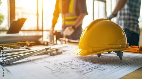 Fototapeta Two construction workers in hard hats and safety vests, standing in a bright, sunny office with a wooden desk and a blueprint spread out in front of them.