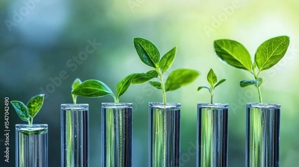 Fototapeta A row of green and red plants growing in test tubes against a blurred green background.