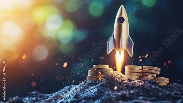 Fototapeta A golden rocket ship with a blue and white stripe on its side, flying over a pile of gold coins on a rocky surface with a blurred green and blue background.