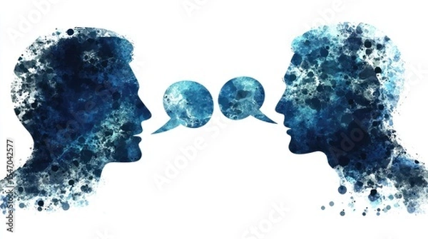 Fototapeta Two human heads with speech bubbles, facing each other, against a blue and white abstract background.