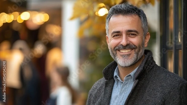 Fototapeta A man with gray hair and a beard, wearing a dark jacket, standing in front of a window with autumn leaves and warm lighting.