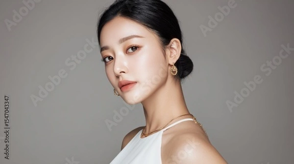 Fototapeta Stylish Asian model with timeless beauty and subtle expression, hair in low bun, dressed in white and gold, softly lit in a neat modern studio. 