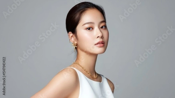 Fototapeta  Portrait of graceful Asian woman in modern attire with smooth skin, tied-back hair, and soft expression, set against a neutral gray background.  