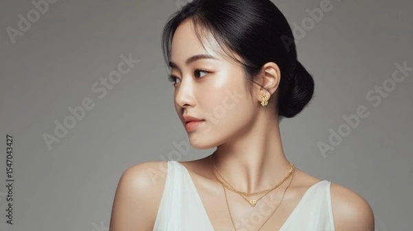 Fototapeta Refined Asian female model wearing a minimal white dress and delicate gold accessories, posed gracefully with calm expression in soft studio light.