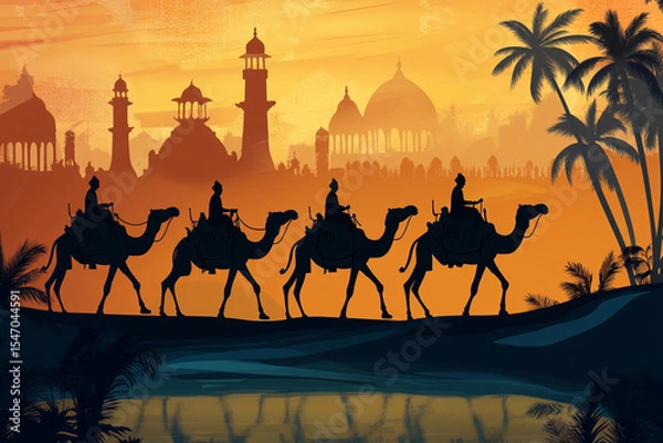 Obraz Traditional Mughal, camel caravan, vector style