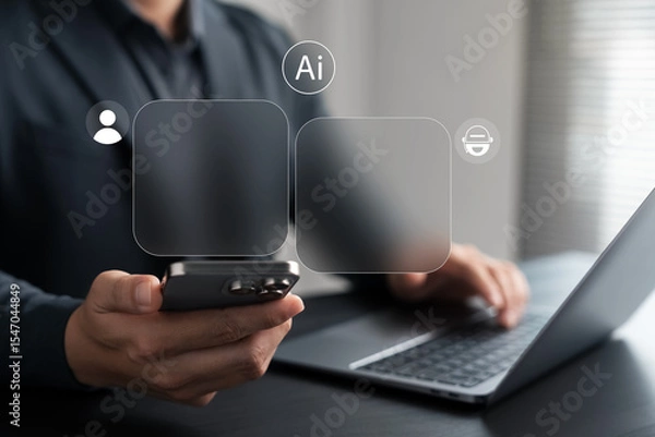 Fototapeta Artificial intelligence application concept. Businessman using smartphone with AI interface for virtual assistant, chatbot, and smart services, integrating machine learning into digital communication.