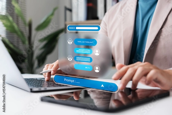 Fototapeta AI chatbots and automated conversations in digital business, businessman interacting with virtual chat interfaces on laptops and tablets to support and communicate with customers.
