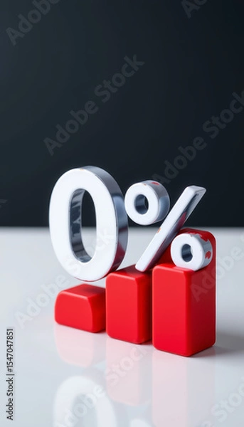 Fototapeta 0 percent symbol with red bar chart white surface and dark background, representing financial growth and zero interest rate