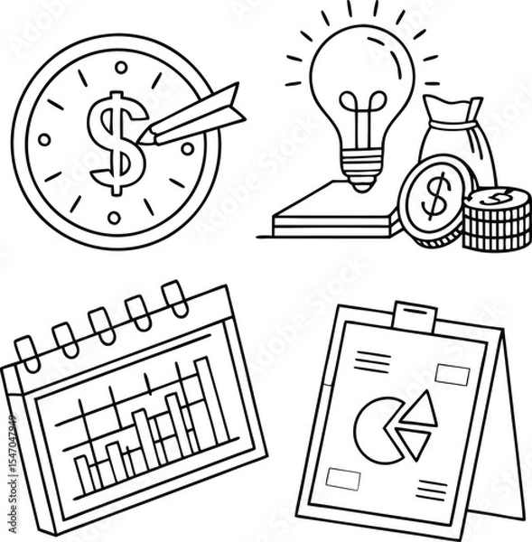 Obraz "Set of Business and Finance Line Icons Including Money Target, Light Bulb, and Graphs"