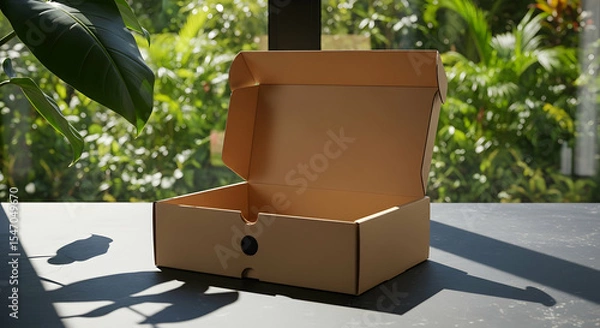 Fototapeta Unopened Cardboard Box on a Sunlit Table with Green Foliage