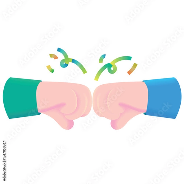 Fototapeta Vector cartoon of two fists bumping each other with confetti. A cheerful illustration of support, teamwork, celebration, and social unity in a cute flat colorful style for apps, web, or posters.