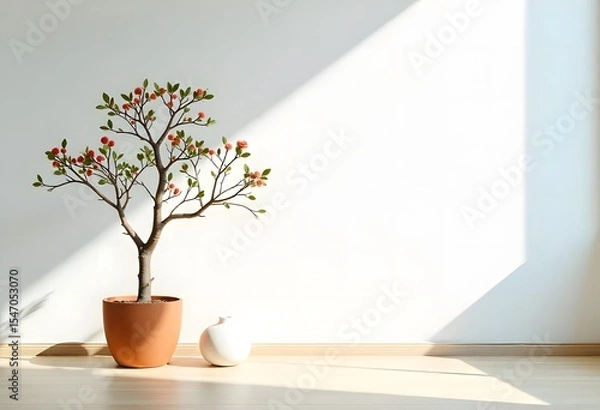Fototapeta A minimalist interior with a clean white wall and light wood floor. A small potted ornamental tree with thin brown branches and sparse green leaves, accented with small red flowers, stands on the left