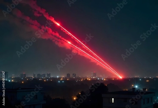 Fototapeta A highly realistic night-time urban skyline with dim city lights and distant high-rise buildings, under a dark, clear sky. Multiple bright red missile trails or anti-aircraft tracer fire streaking dia
