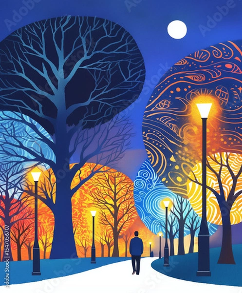 Fototapeta A man walking on a path, night in the park, impressionistic illustration, high quality, trees and night sky, themes of being alone and solitude