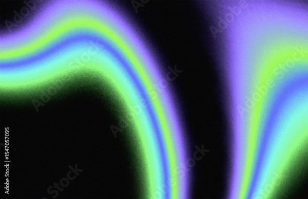 Fototapeta Abstract neon curves waves in vibrant green purple flowing on black background with grainy texture for fluid, motion, psychedelic design