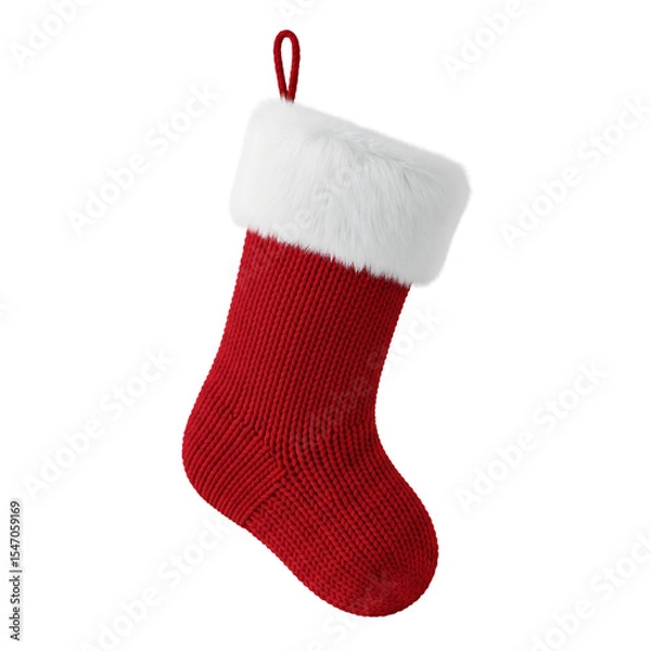 Obraz Red knit christmas stocking with white fur cuff isolated on transparent background
