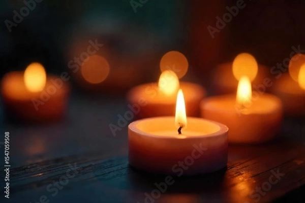 Fototapeta Close-up of flickering candle flames, casting warm, inviting light and creating a soft, romantic ambiance Perfect for themes of relaxation, peace, spirituality, and home decor , macro, flame