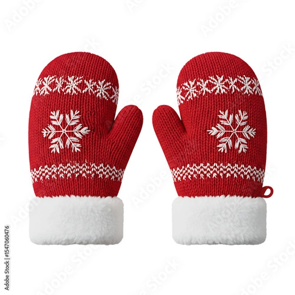 Obraz Red knit winter mittens with snowflake design isolated on transparent background