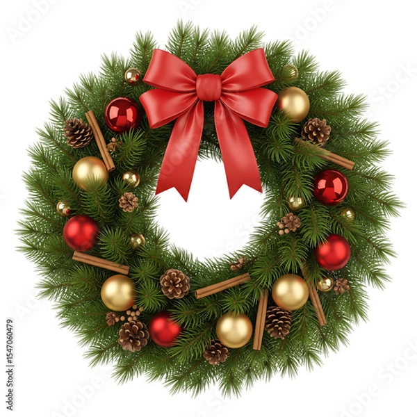 Obraz Christmas wreath with red bow gold and red ornaments isolated on transparent background