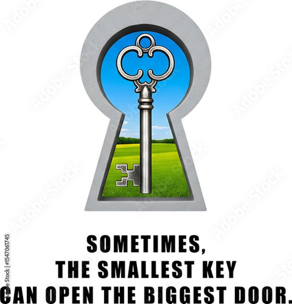 Obraz Antique key in keyhole showing green field landscape isolated on transparent background
