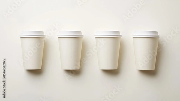 Fototapeta White Disposable Coffee Cups in a Row on Light Background