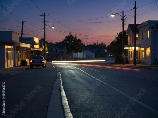 Fototapeta Out-of-focus suburban street corner with distant shop lights and soft vehicle light trails captured just after sunset with clear evening sky fading to deep blue, every source of light