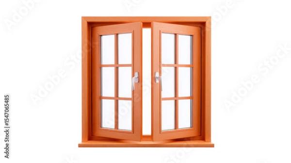 Fototapeta Wooden framed double casement window with clear glass panes and white handles, offering classic and elegant design. window is open, allowing light to pass through