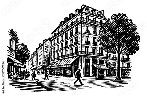 Fototapeta Black and white sketch of building with tree and people walking on crosswalk