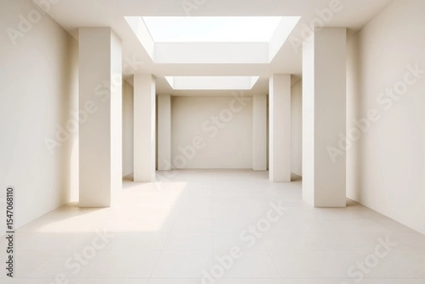 Fototapeta Minimalist modern interior room with skylights and columns in soft natural lighting, showcasing clean architecture and open contemporary design.