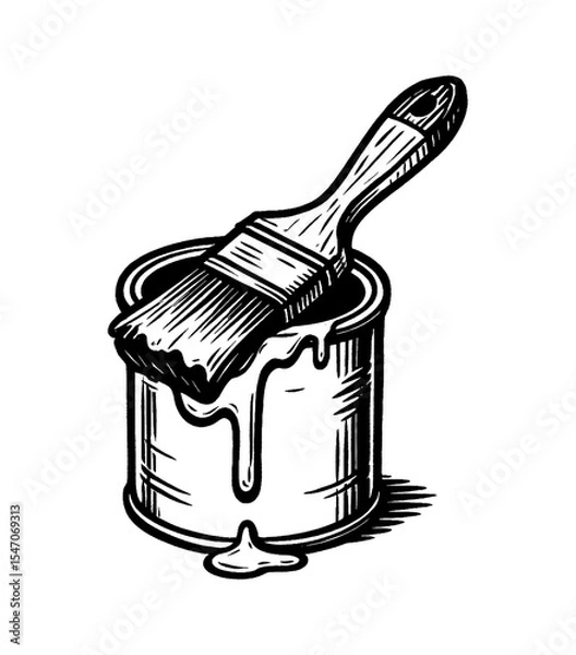 Fototapeta Paint Brush on Paint Can with Dripping Paint in Detailed Black and White Line Art Drawing