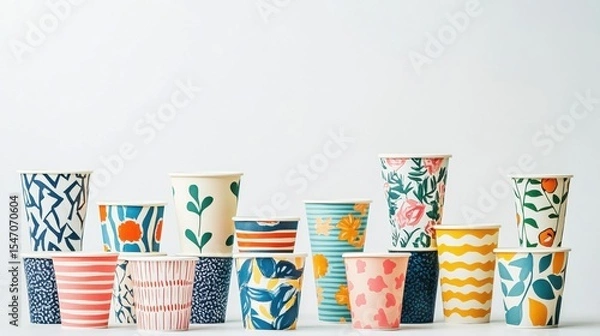 Fototapeta Colorful Paper Cups with Floral and Geometric Designs on Display