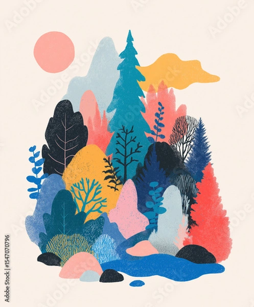 Fototapeta Trees, moon and mountains, bush and foliage, botanical illustration in flat style, abstract gouache background