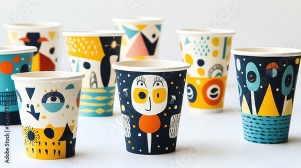 Fototapeta Colorful Illustrated Paper Cups with Fun Patterns and Designs