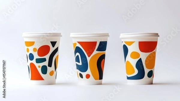 Fototapeta Colorful Art Coffee Cups with Abstract Design on White Background